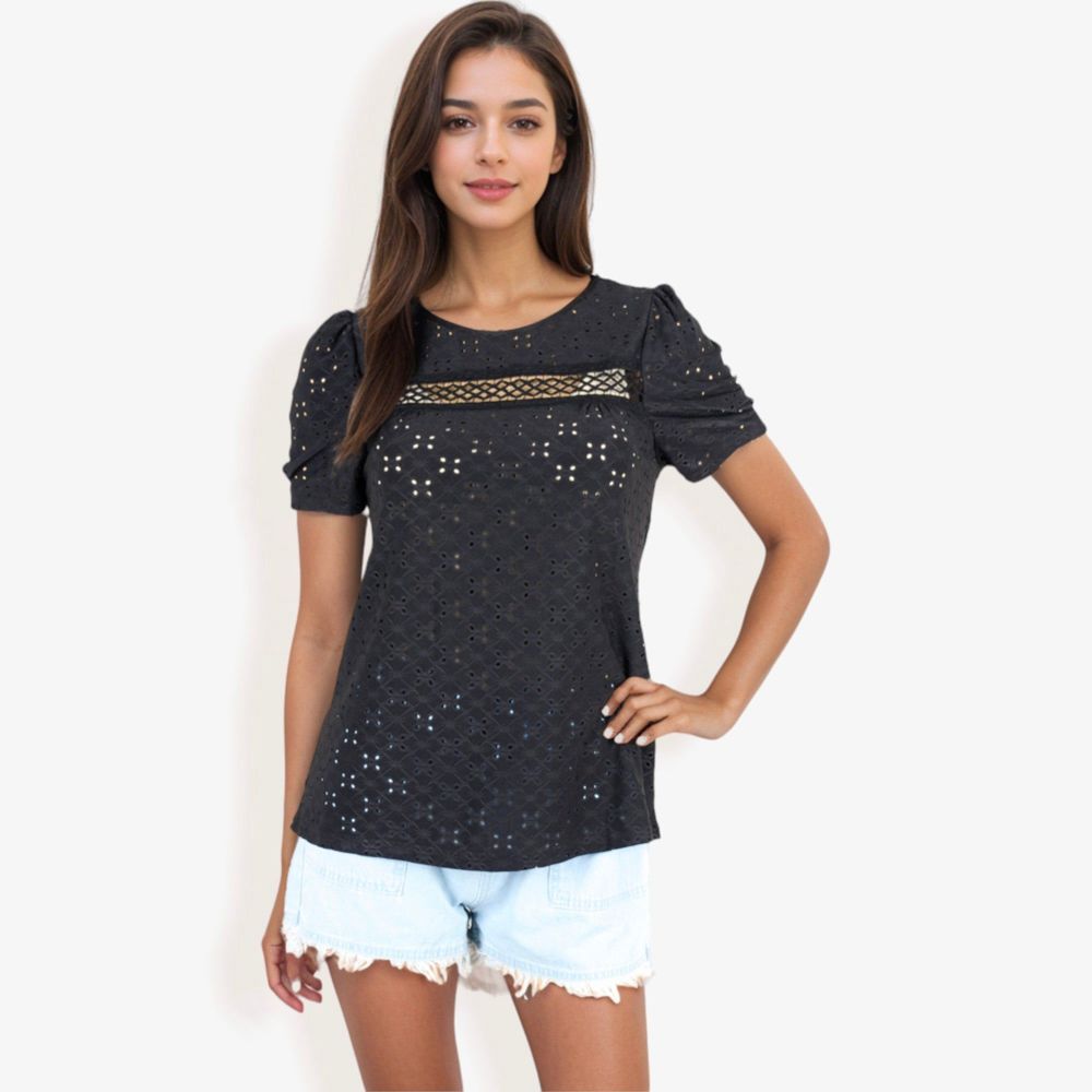 Eyelet Lace Short Sleeve Top with Puff Shoulders and Scalloped Hem