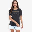 Black Large Eyelet Lace Short Sleeve Top with Puff Shoulders and Scalloped Hem