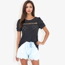 Black Large Eyelet Lace Short Sleeve Top with Puff Shoulders and Scalloped Hem