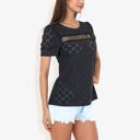 Black Large Eyelet Lace Short Sleeve Top with Puff Shoulders and Scalloped Hem