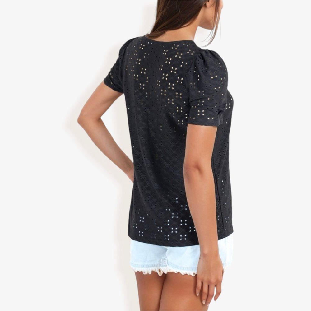 Eyelet Lace Short Sleeve Top with Puff Shoulders and Scalloped Hem