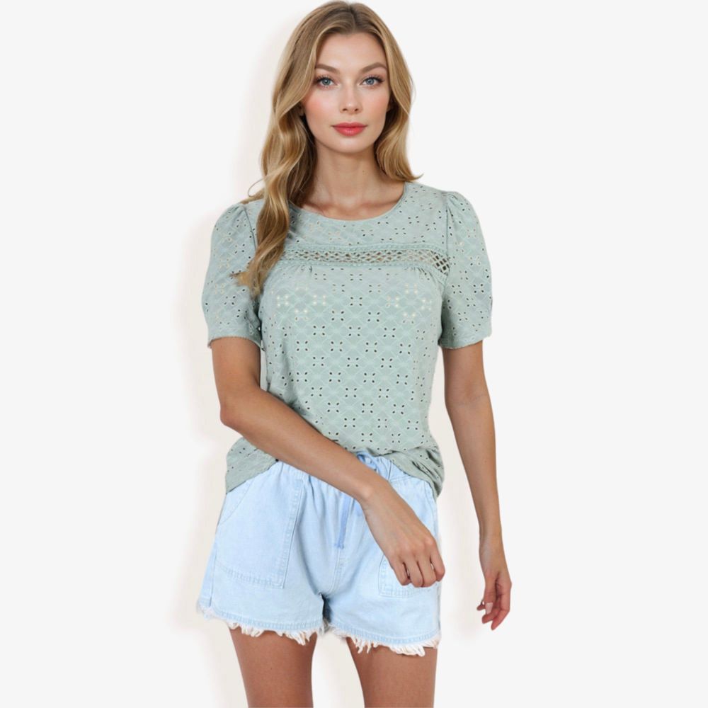 Eyelet Lace Short Sleeve Top with Puff Shoulders and Scalloped Hem