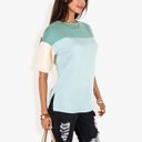  Color Block Knit Top with Crew Neck and Short Sleeves, Casual Loose Fit Comfortable Blouse