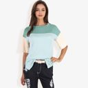  Color Block Knit Top with Crew Neck and Short Sleeves, Casual Loose Fit Comfortable Blouse