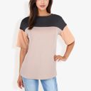 Black Large Color Block Knit Top with Crew Neck and Short Sleeves, Casual Loose Fit Comfortable Blouse