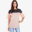 Black Large Color Block Knit Top with Crew Neck and Short Sleeves, Casual Loose Fit Comfortable Blouse