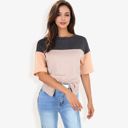 Black Large Color Block Knit Top with Crew Neck and Short Sleeves, Casual Loose Fit Comfortable Blouse