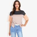 Black Large Color Block Knit Top with Crew Neck and Short Sleeves, Casual Loose Fit Comfortable Blouse