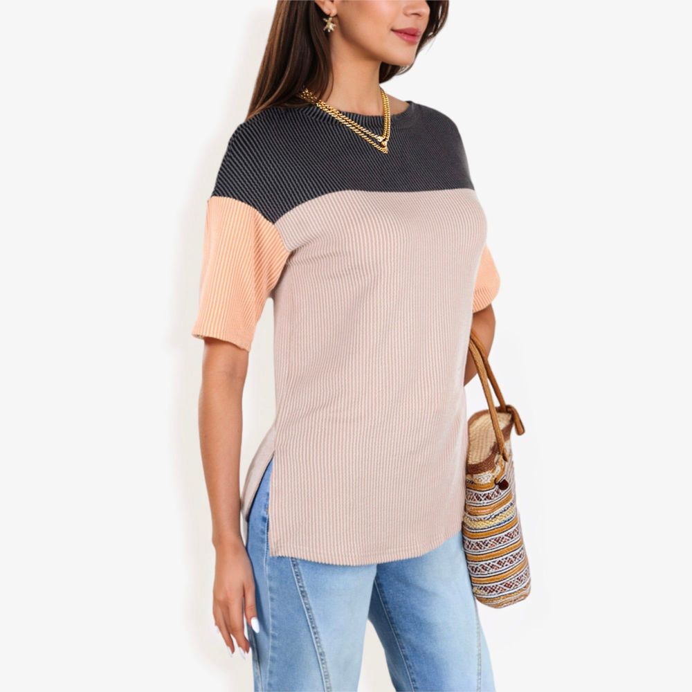 Color Block Knit Top with Crew Neck and Short Sleeves, Casual Loose Fit Comfortable Blouse