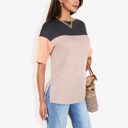 Black Medium Color Block Knit Top with Crew Neck and Short Sleeves, Casual Loose Fit Comfortable Blouse