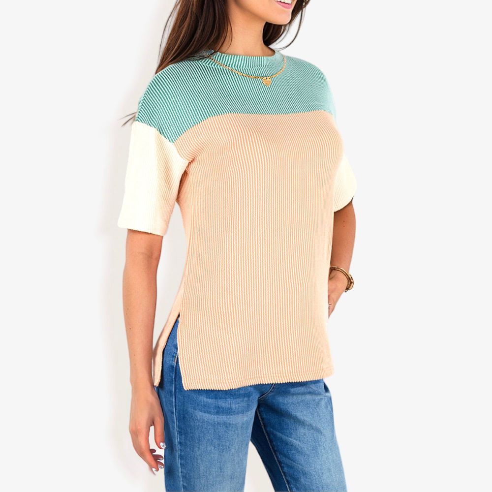 Color Block Knit Top with Crew Neck and Short Sleeves, Casual Loose Fit Comfortable Blouse