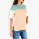 Green Large Color Block Knit Top with Crew Neck and Short Sleeves, Casual Loose Fit Comfortable Blouse