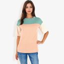 Green Large Color Block Knit Top with Crew Neck and Short Sleeves, Casual Loose Fit Comfortable Blouse