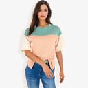 Green Large Color Block Knit Top with Crew Neck and Short Sleeves, Casual Loose Fit Comfortable Blouse