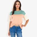 Green Large Color Block Knit Top with Crew Neck and Short Sleeves, Casual Loose Fit Comfortable Blouse