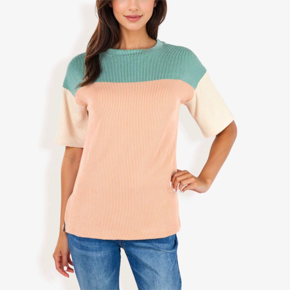 Color Block Knit Top with Crew Neck and Short Sleeves, Casual Loose Fit Comfortable Blouse