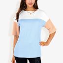 Blue Large Color Block Knit Top with Crew Neck and Short Sleeves, Casual Loose Fit Comfortable Blouse