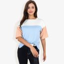 Blue Large Color Block Knit Top with Crew Neck and Short Sleeves, Casual Loose Fit Comfortable Blouse