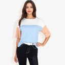 Blue Large Color Block Knit Top with Crew Neck and Short Sleeves, Casual Loose Fit Comfortable Blouse