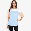 Blue Large Color Block Knit Top with Crew Neck and Short Sleeves, Casual Loose Fit Comfortable Blouse