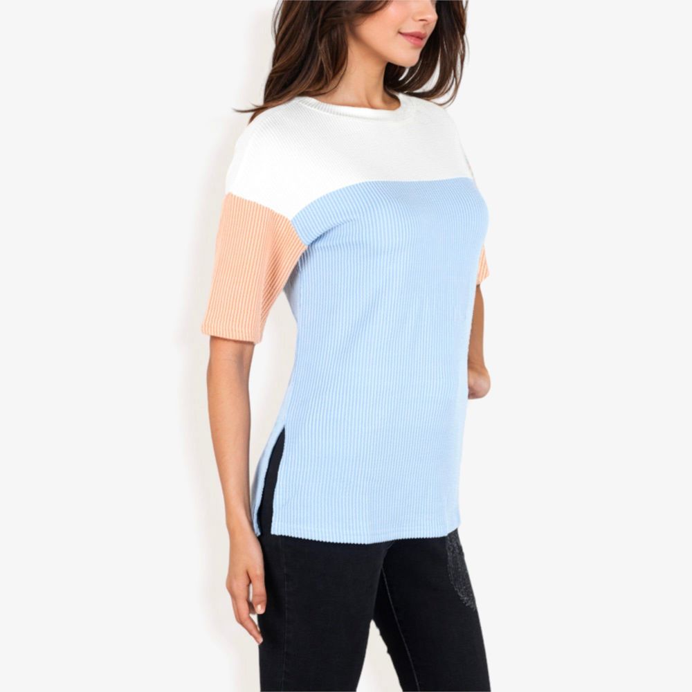 Color Block Knit Top with Crew Neck and Short Sleeves, Casual Loose Fit Comfortable Blouse