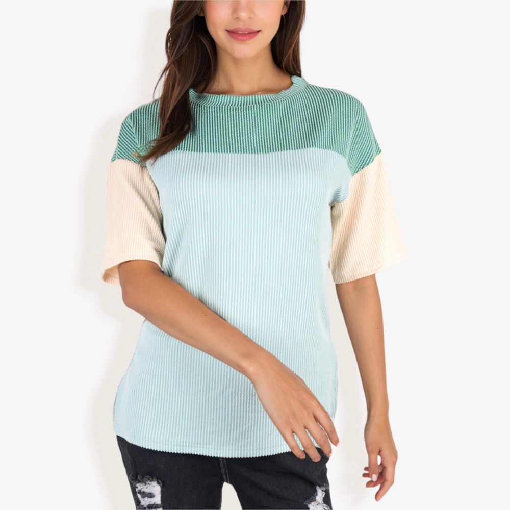 Color Block Knit Top with Crew Neck and Short Sleeves, Casual Loose Fit Comfortable Blouse