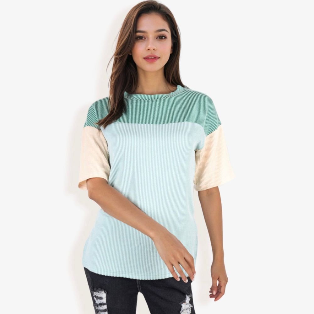 Color Block Knit Top with Crew Neck and Short Sleeves, Casual Loose Fit Comfortable Blouse