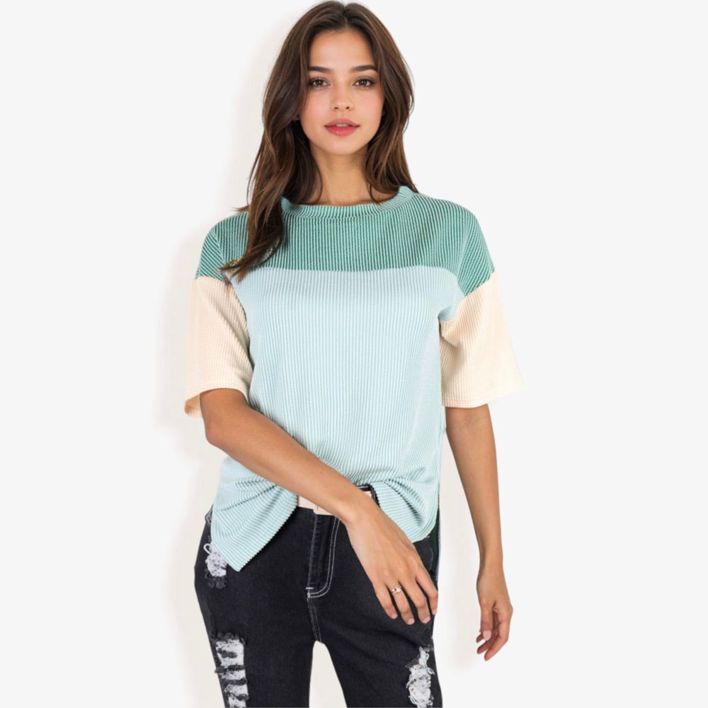 Color Block Knit Top with Crew Neck and Short Sleeves, Casual Loose Fit Comfortable Blouse