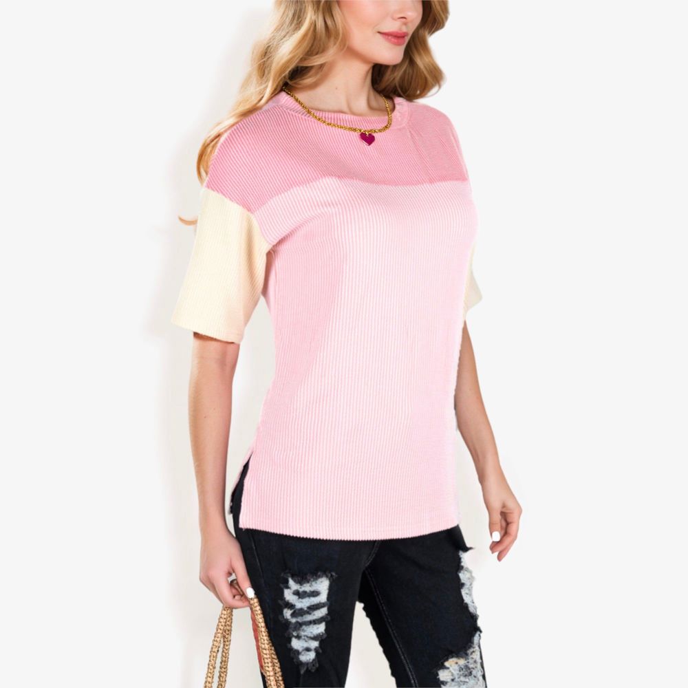 Color Block Knit Top with Crew Neck and Short Sleeves, Casual Loose Fit Comfortable Blouse