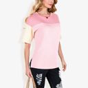 Pink Large Color Block Knit Top with Crew Neck and Short Sleeves, Casual Loose Fit Comfortable Blouse