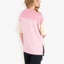 Pink Large Color Block Knit Top with Crew Neck and Short Sleeves, Casual Loose Fit Comfortable Blouse