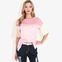 Pink Large Color Block Knit Top with Crew Neck and Short Sleeves, Casual Loose Fit Comfortable Blouse