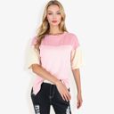 Pink Large Color Block Knit Top with Crew Neck and Short Sleeves, Casual Loose Fit Comfortable Blouse