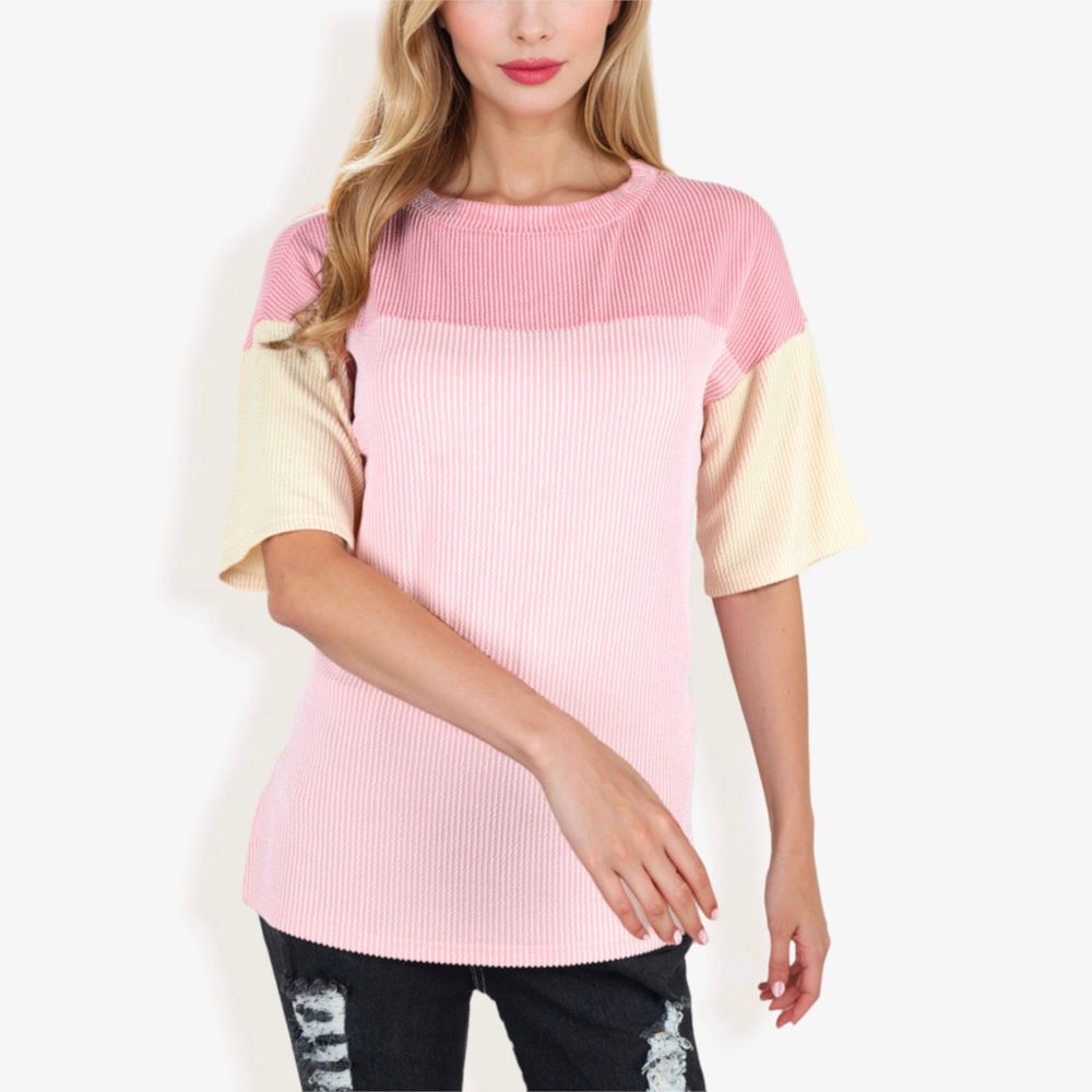 Color Block Knit Top with Crew Neck and Short Sleeves, Casual Loose Fit Comfortable Blouse