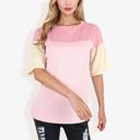 Pink Large Color Block Knit Top with Crew Neck and Short Sleeves, Casual Loose Fit Comfortable Blouse