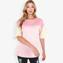 Pink Large Color Block Knit Top with Crew Neck and Short Sleeves, Casual Loose Fit Comfortable Blouse