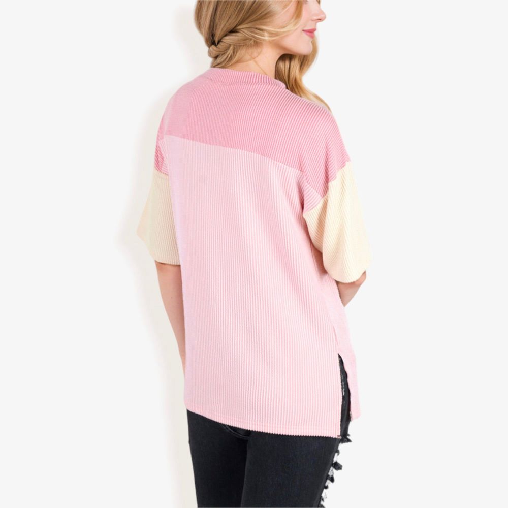 Color Block Knit Top with Crew Neck and Short Sleeves, Casual Loose Fit Comfortable Blouse