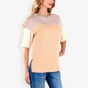 Beige Large Color Block Knit Top with Crew Neck and Short Sleeves, Casual Loose Fit Comfortable Blouse