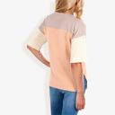 Beige Large Color Block Knit Top with Crew Neck and Short Sleeves, Casual Loose Fit Comfortable Blouse