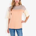 Beige Large Color Block Knit Top with Crew Neck and Short Sleeves, Casual Loose Fit Comfortable Blouse