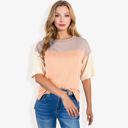 Beige Large Color Block Knit Top with Crew Neck and Short Sleeves, Casual Loose Fit Comfortable Blouse