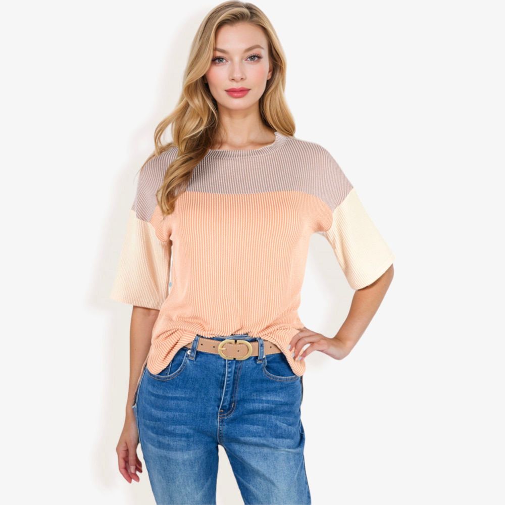 Color Block Knit Top with Crew Neck and Short Sleeves, Casual Loose Fit Comfortable Blouse