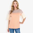 Beige Large Color Block Knit Top with Crew Neck and Short Sleeves, Casual Loose Fit Comfortable Blouse