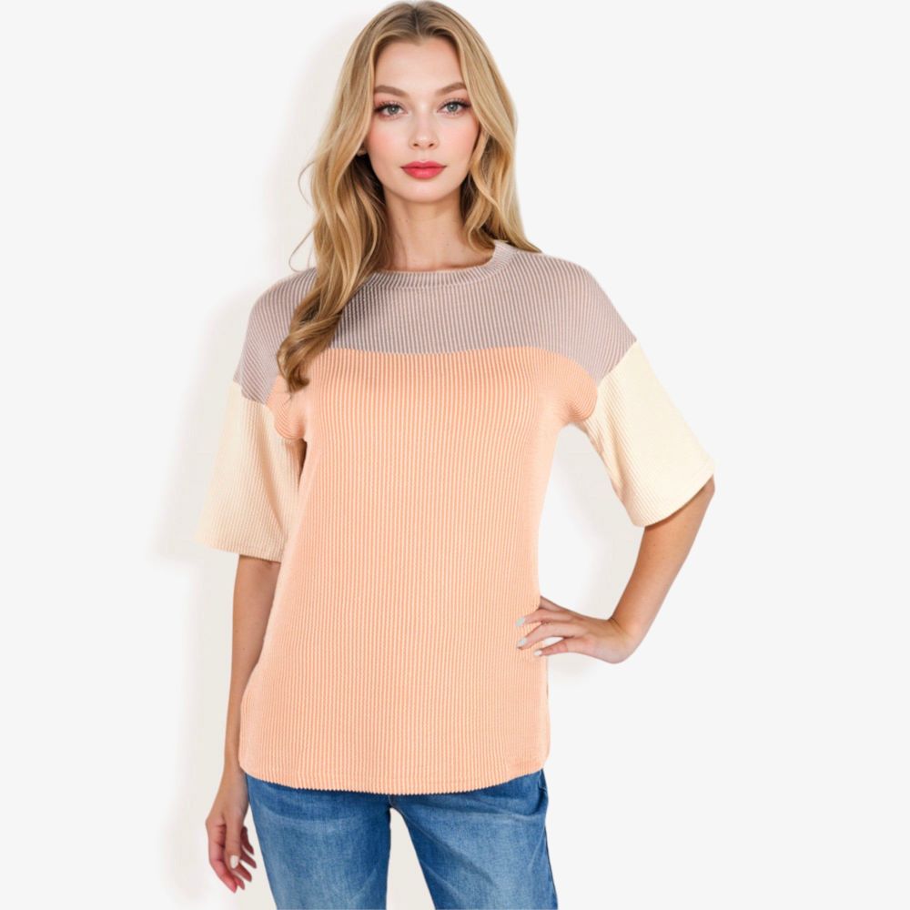 Color Block Knit Top with Crew Neck and Short Sleeves, Casual Loose Fit Comfortable Blouse