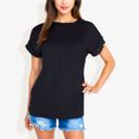 Black Large Striped Knit Top with Crew Neck and Short Sleeves, Casual Loose Fit Comfortable Blouse