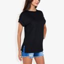 Black Large Striped Knit Top with Crew Neck and Short Sleeves, Casual Loose Fit Comfortable Blouse