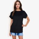 Black Large Striped Knit Top with Crew Neck and Short Sleeves, Casual Loose Fit Comfortable Blouse