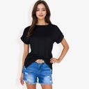 Black Large Striped Knit Top with Crew Neck and Short Sleeves, Casual Loose Fit Comfortable Blouse