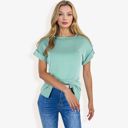 Green Large Striped Knit Top with Crew Neck and Short Sleeves, Casual Loose Fit Comfortable Blouse