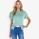 Green Large Striped Knit Top with Crew Neck and Short Sleeves, Casual Loose Fit Comfortable Blouse